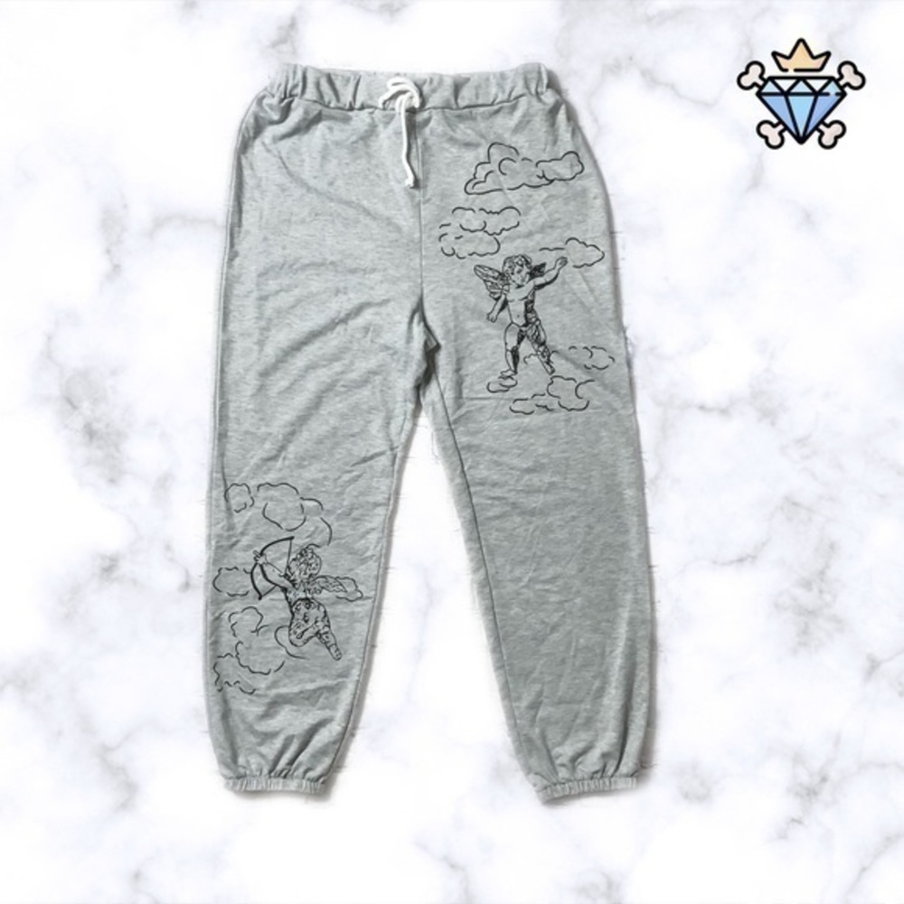 SHEIN MENS GRAY ANGEL PRINT REGULAR FIT JOGGERS SIZE LARGE STREETWEAR LOUNGEWEAR